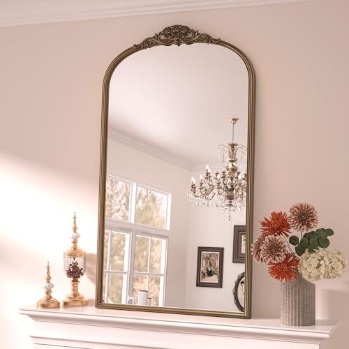 Keonjinn Arched Gold Mirror for Wall, 24" x 40" Large Ornate Arched Mirror with Metal Frame, Vintage Mirror, Baroque Wall-Mounted Mirror, Decorative Mirror for Mantle, Bathroom, Living Room | Amazon (US)