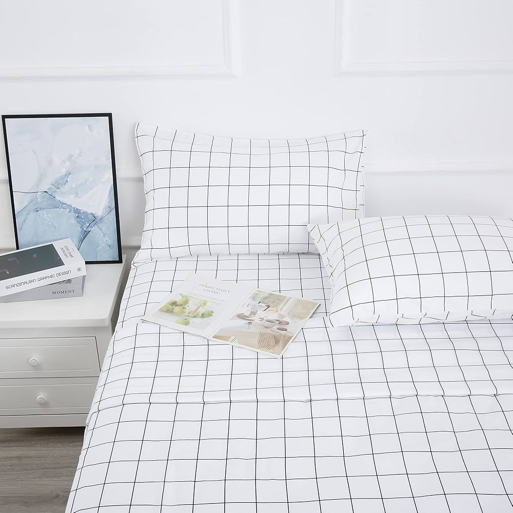 Printed Plaid Bed Sheet Set 4 Pieces - Queen Size - Double Brushed Microfiber Super Soft Breathab... | Amazon (US)
