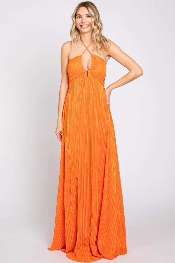 Orange Plisse Halter Back Tie Maxi Dress | PinkBlush Maternity
