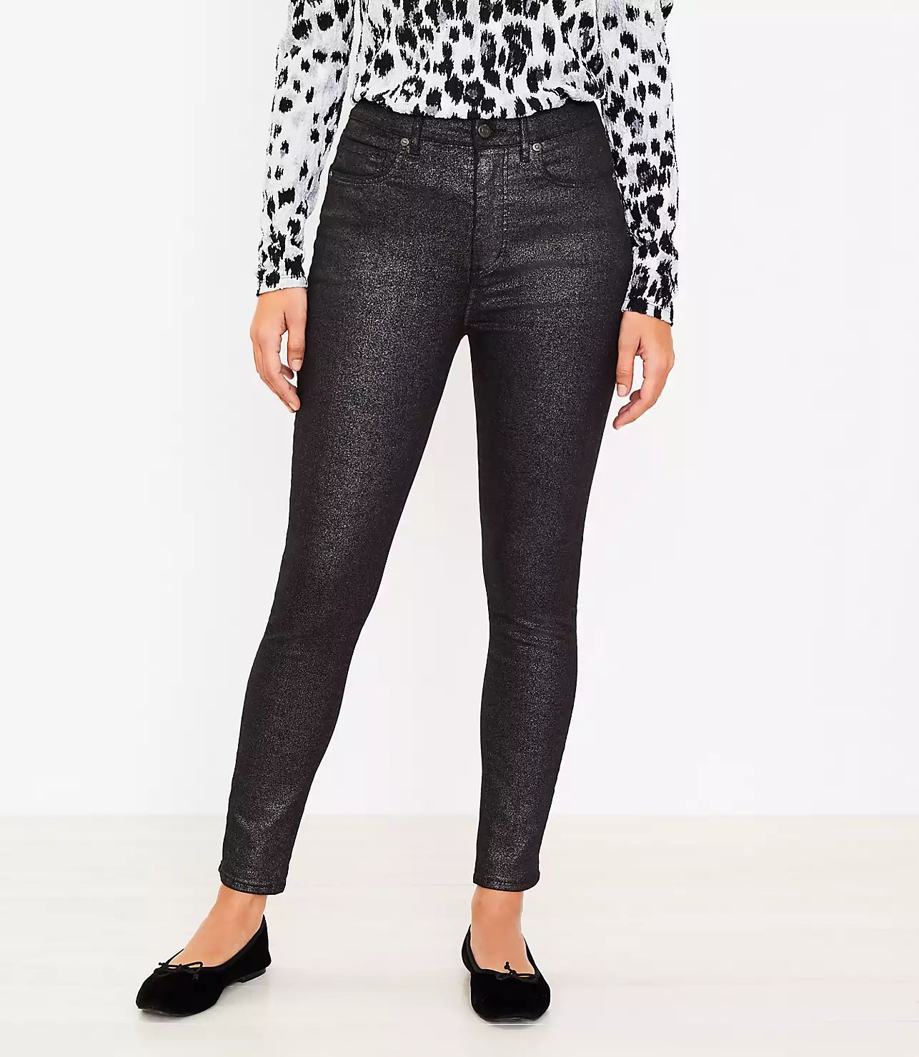 Curvy Shimmer High Rise Skinny Jeans in Black | LOFT