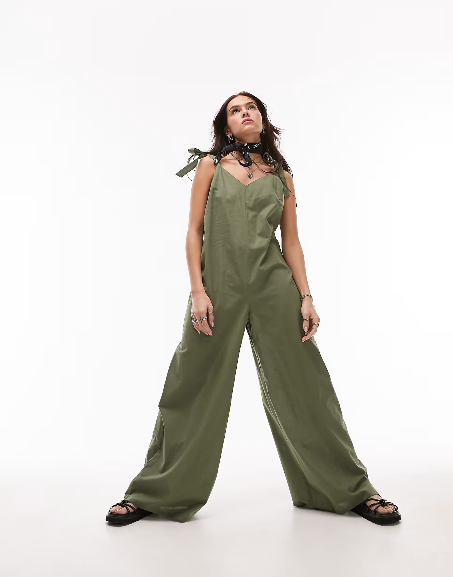 Topshop linen-look tie shoulder beach jumpsuit in khaki | ASOS (Global)