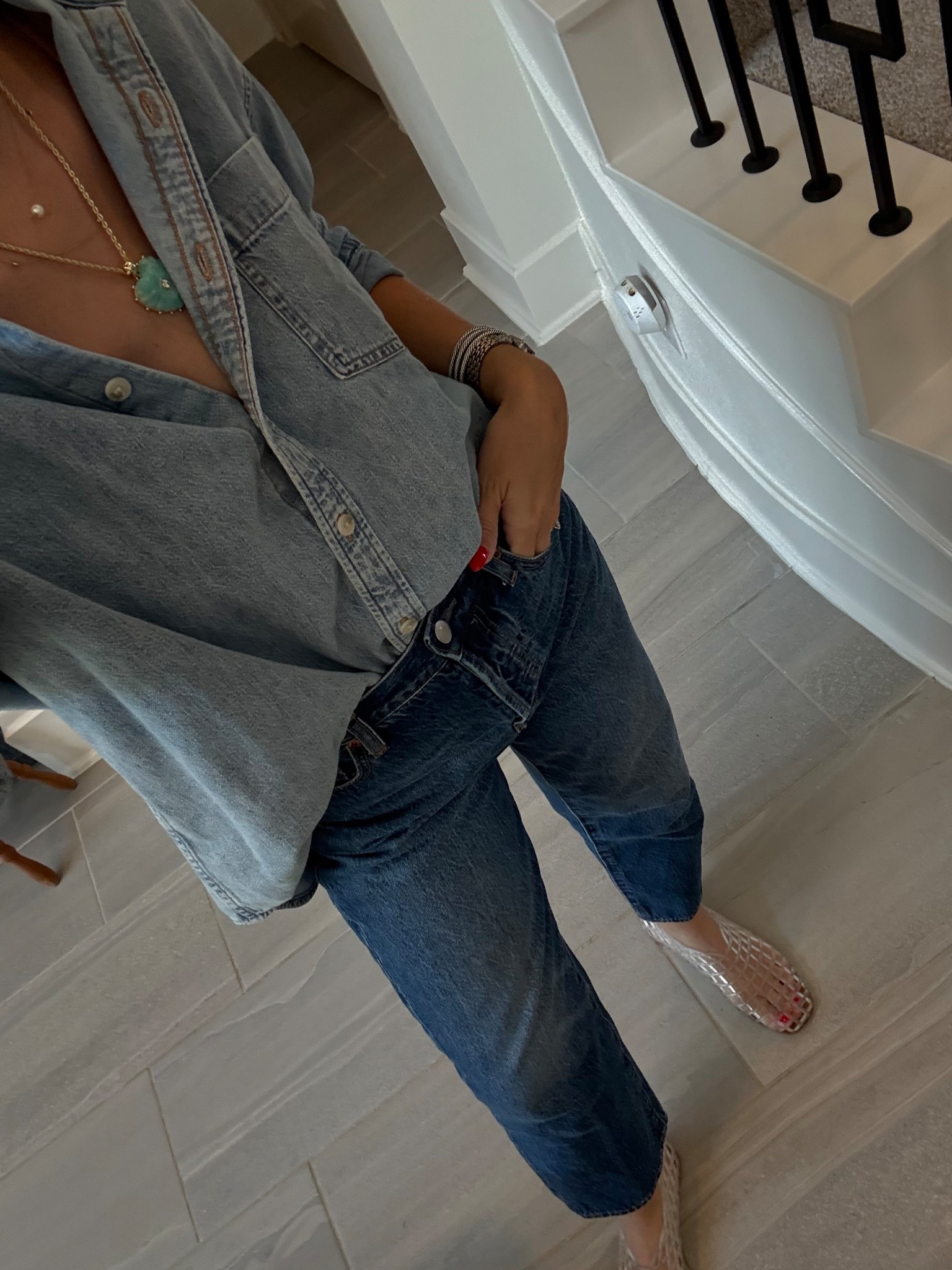 Canadian tuxedo; denim on denim; s in shirt - color is 7 YRS PCTR THS BLEU, 27 in jeans color Fairview 
