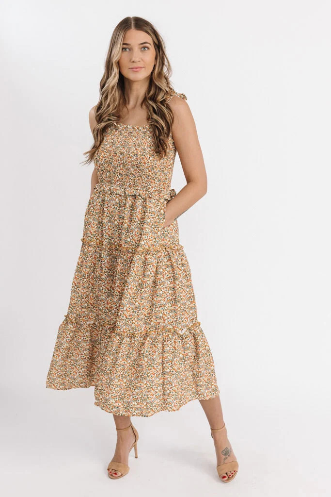 Georgia Smocked Tie Shoulder Floral Midi Dress - YELLOW | JO+CO