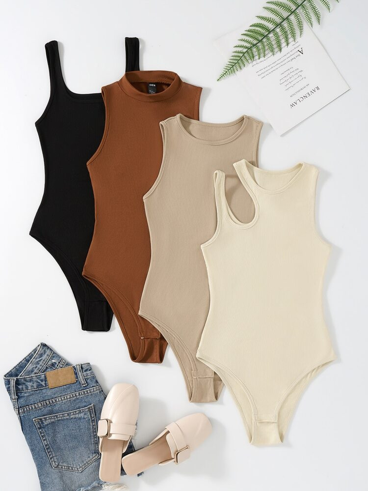 Plus 4pcs Solid Ribbed Knit Cut Out Bodysuit | SHEIN