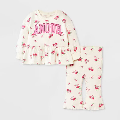 Baby Girls' 2pc Amour Love Floral Fleece Sweatshirt & Pants Set - Off-White Newborn | Target