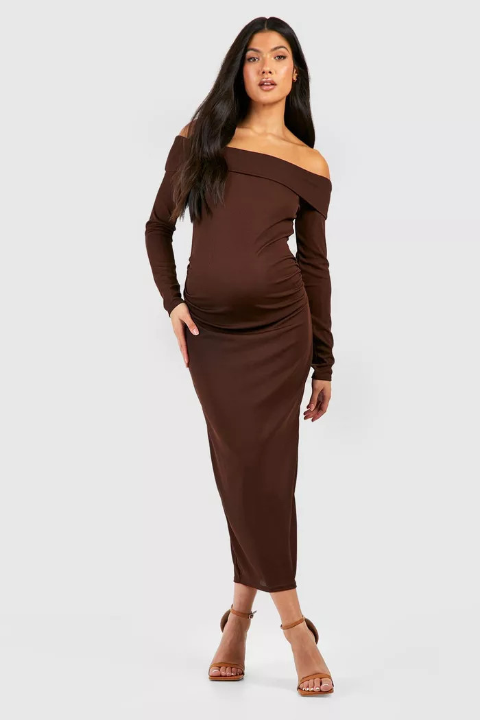 Maternity Soft Rib Off The Shoulder Midi Dress | boohoo (US & Canada)