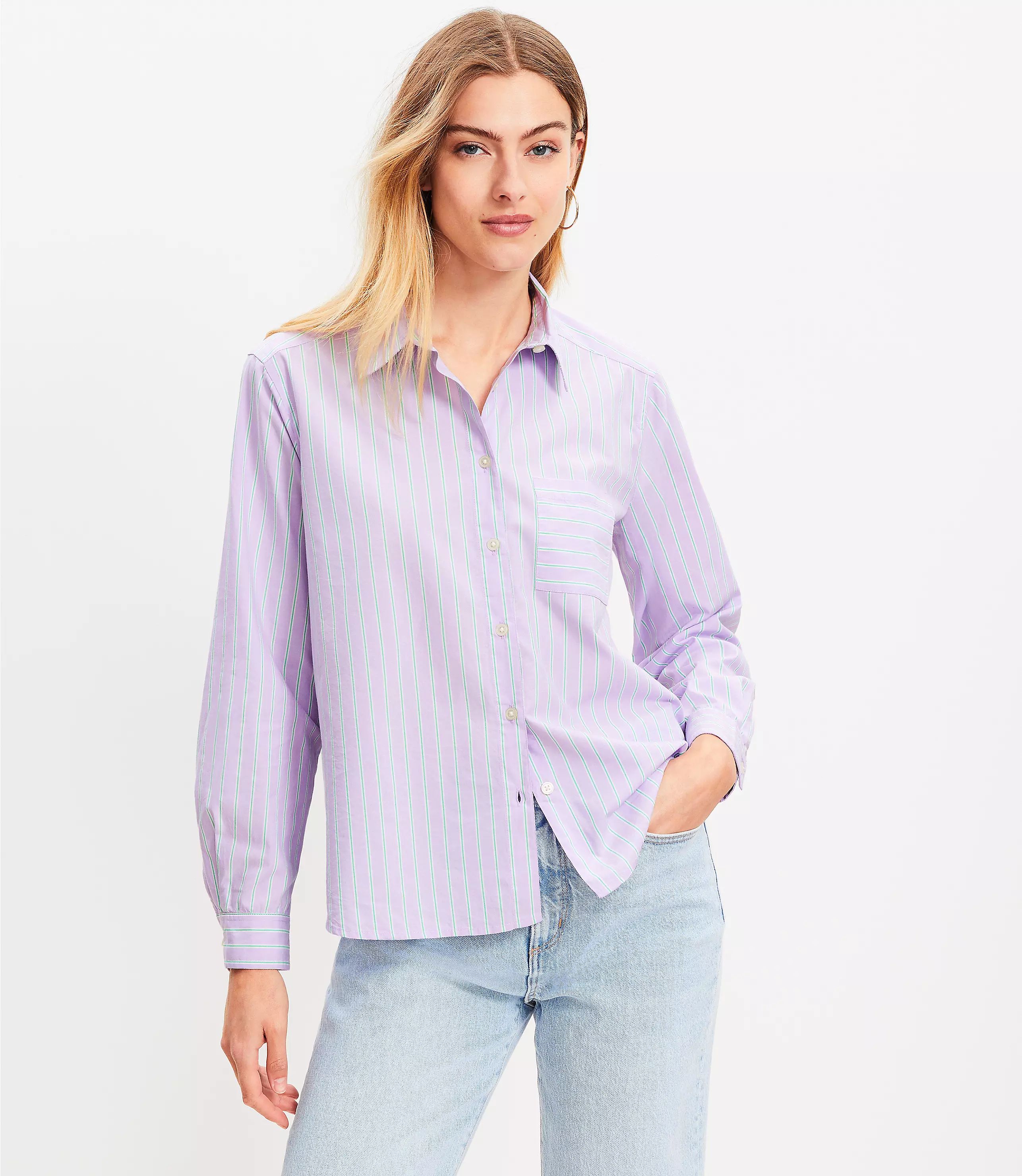 Stripe Cotton Blend Relaxed Pocket Shirt | LOFT