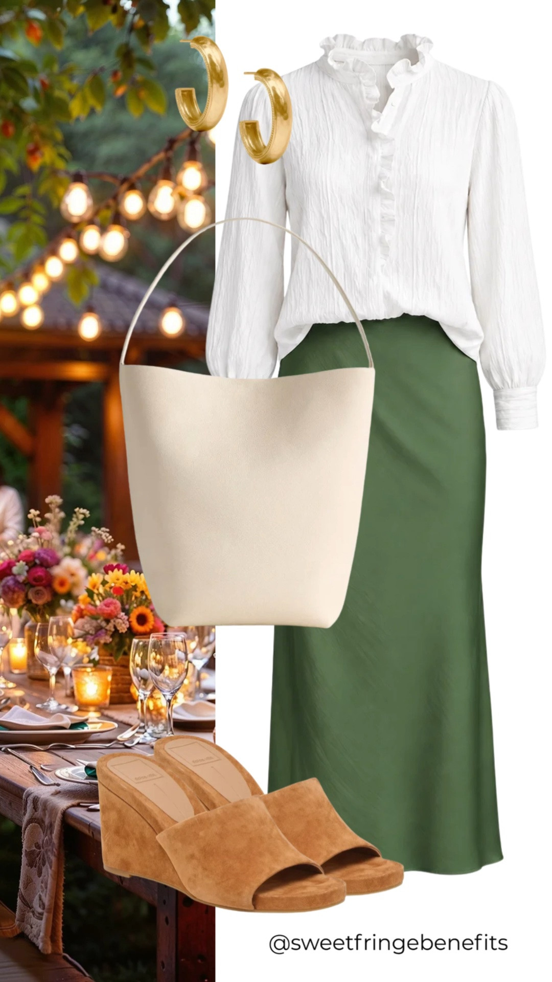 I think the green skirt keeps this from feeling too sweet. That little ruffle at the neckline is just enough, and I’d let the rest of the outfit stay simple.

#LTKootd #LTKWedding #LTKOver40