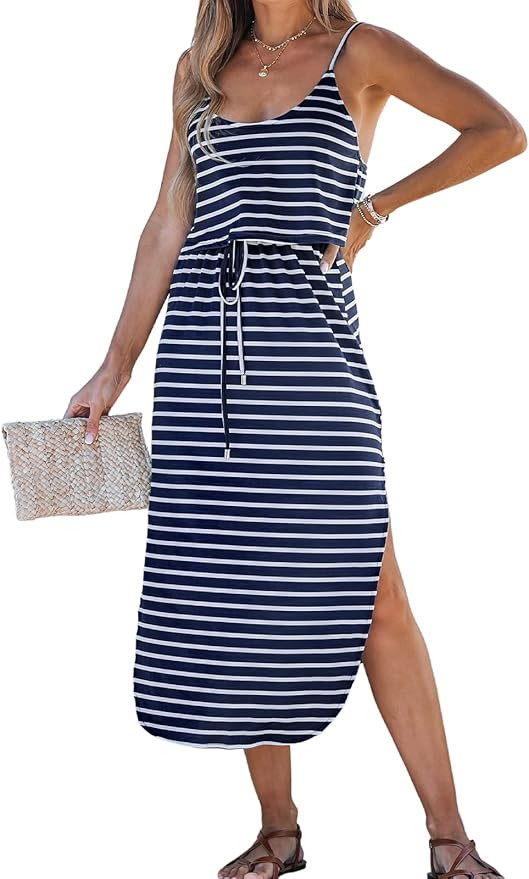 CUPSHE Women's Midi Dress Scoop Neck Ruffled Sleeveless Slit Drawstring Spaghetti Straps A Line C... | Amazon (US)