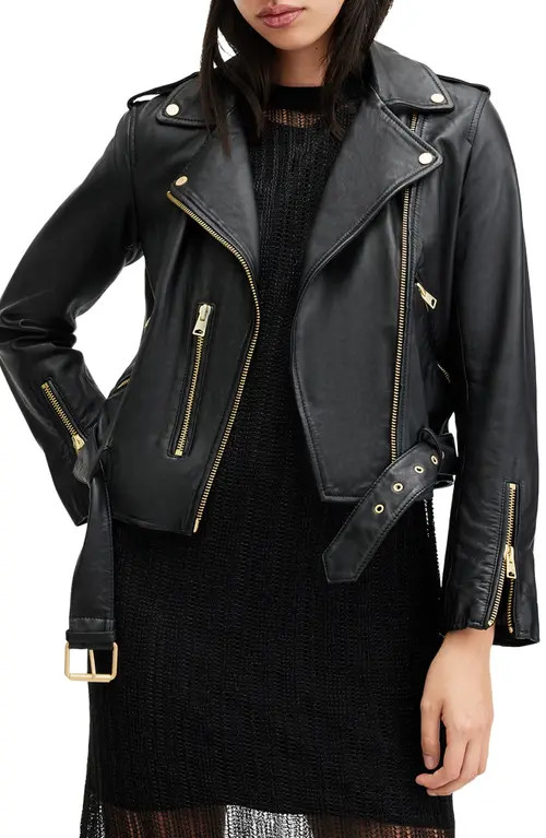 AllSaints Balfern Leather Biker Jacket in Black/Gold at Nordstrom, Size 4 Us | Nordstrom