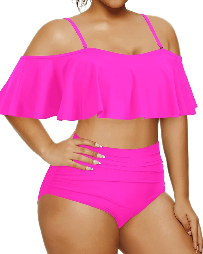 Daci Women Plus Size Two Piece Bikini Ruffle Swimsuits with High Waisted Tummy Control Bottom Ruched | Amazon (US)