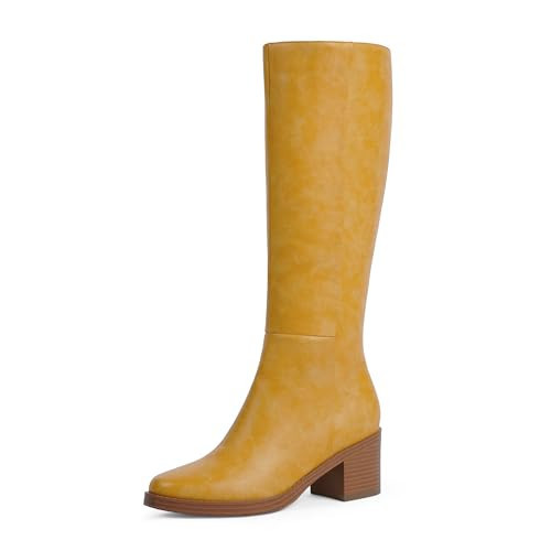 Easyfox Knee High Banana Boots for Women Chunky Heel Banana Leather Boots Round Toe Low Heeled Knee High Boot Dress Block Heel Tall Long Boot Size 9.5 | Amazon (US)