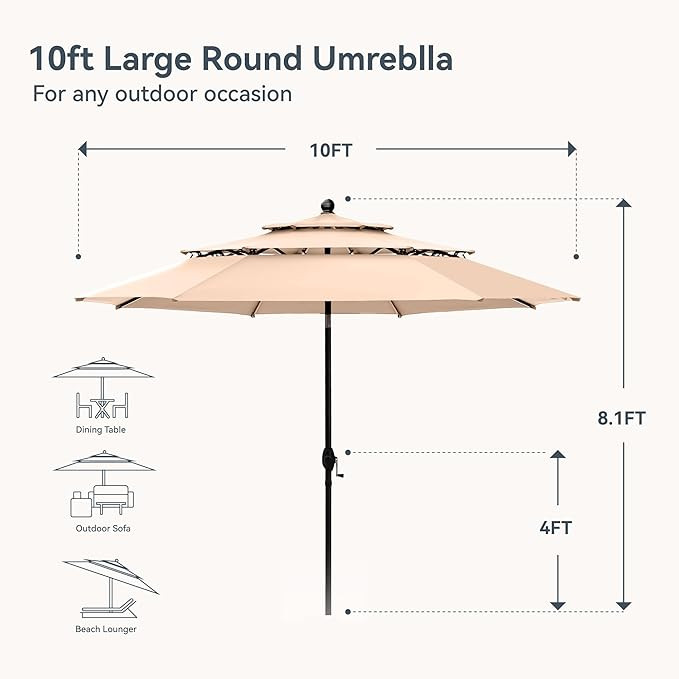 PHI VILLA 10ft Patio Umbrellas, Outdoor 3 Tier Vented Large Market Table Umbrella with 8 Sturdy R... | Amazon (US)