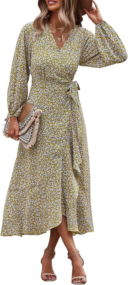 PRETTYGARDEN Women's Long Sleeve Vintage Wrap Dress Floral Print V-Neck Maxi Dresses with Belt | Amazon (US)