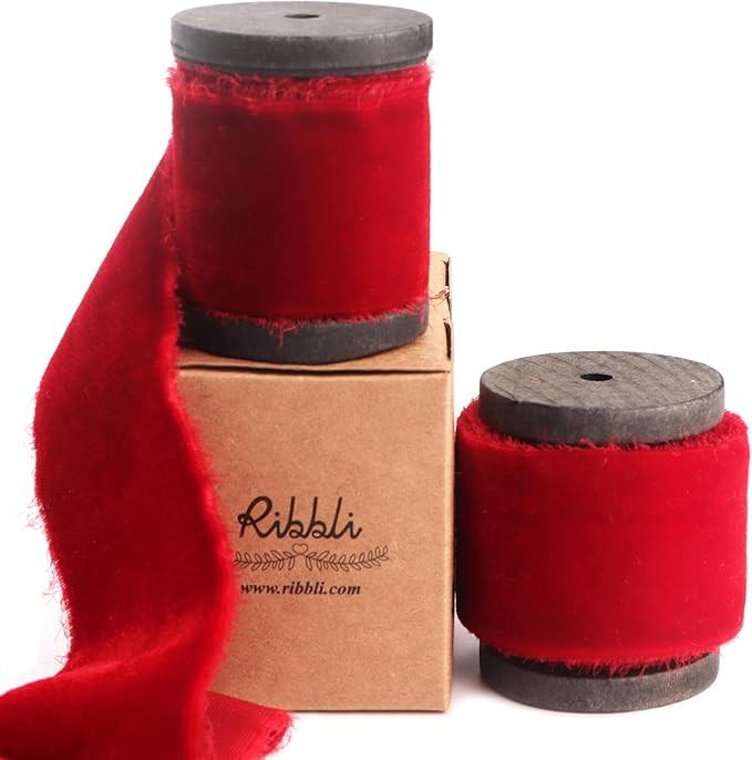 Ribbli Red Velvet Ribbon 1.5 Inch Handmade Frayed Vintage Christmas Ribbon for Gift Wrapping Chri... | Amazon (US)