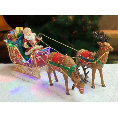 9.5"H Santa Riding Sleigh w/ Reindeers - LED Lights - Battery Christmas Village - Hand-Painted Resin | Wayfair North America