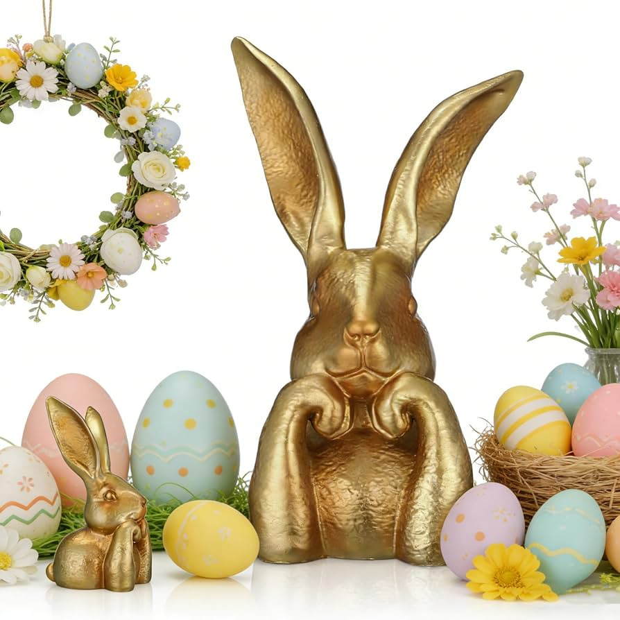 Rabbits Easter Decoration 9.5 Inch Vintage Gold Resin Bunny Statue Large Rabbit Figurines Easter ... | Amazon (US)