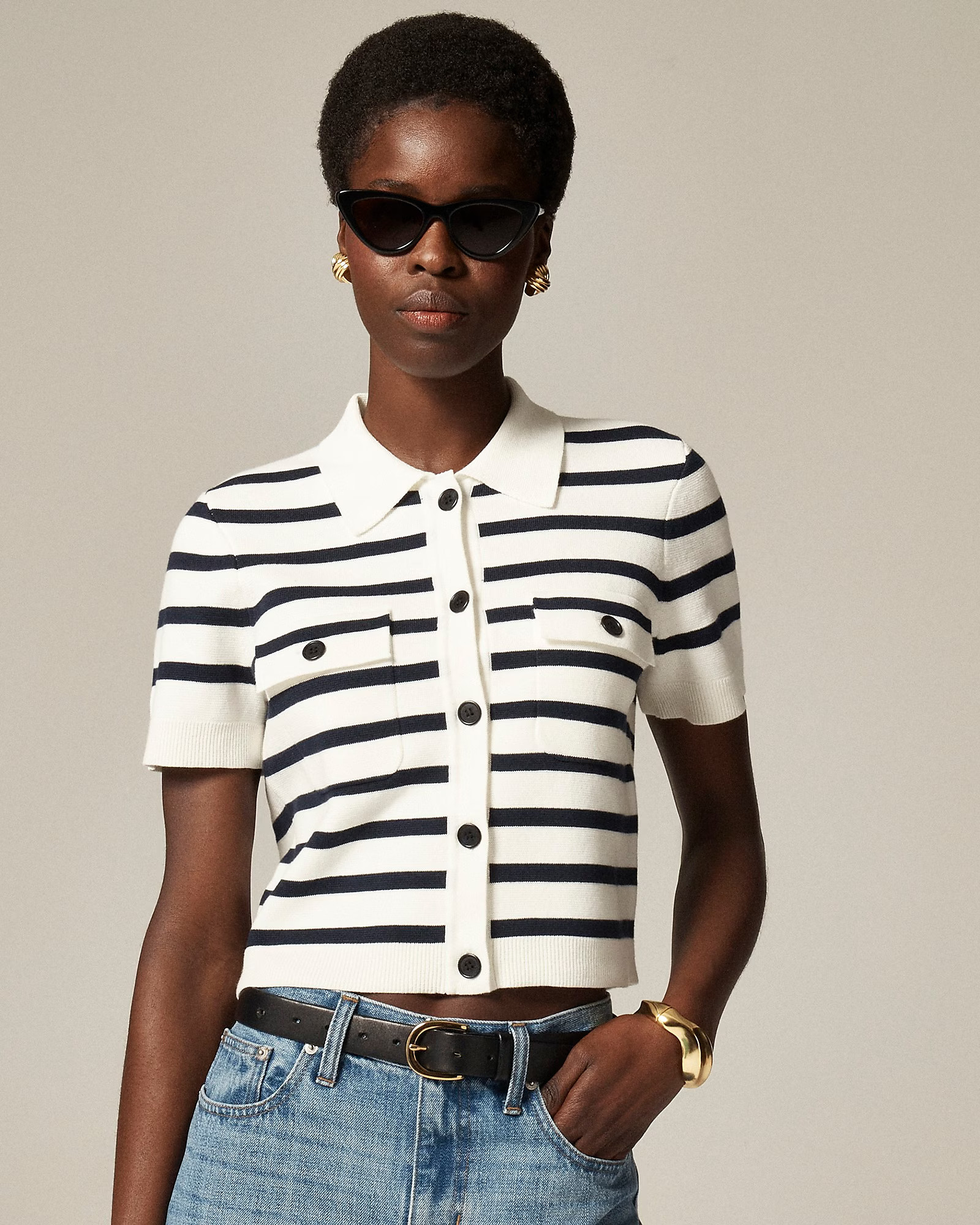 Collared short-sleeve cardigan in stripe | J. Crew US