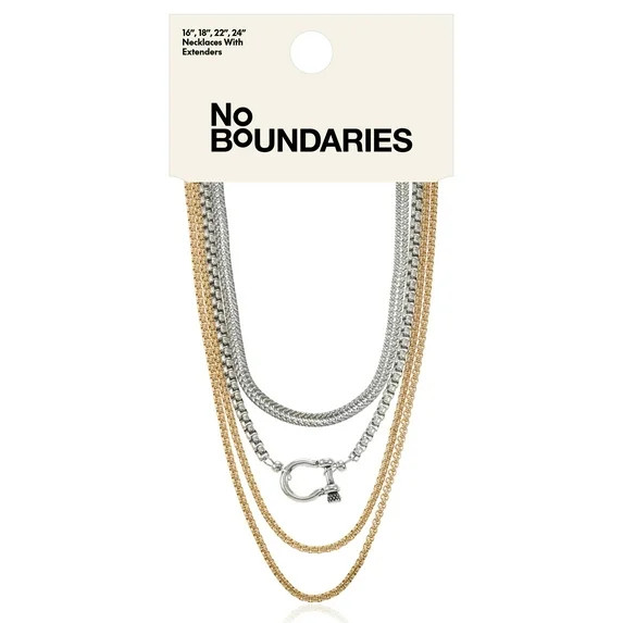No Boundaries 16" Mixed Metal Multi Row Necklaces Set, 4-Pieces, Women’s | Walmart (US)