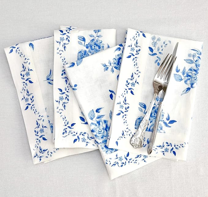 Solino Home Blue Floral Linen Napkins Set of 4 – 100% Pure Linen Printed Dinner Napkins 20 x 20... | Amazon (US)