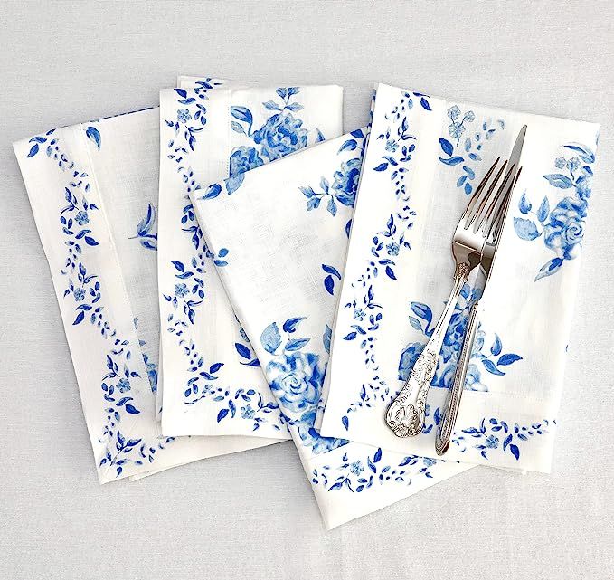 Solino Home Blue Floral Linen Napkins Set of 4 – 100% Pure Linen Printed Dinner Napkins 20 x 20... | Amazon (US)