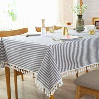 Table Cloth Blue White Striped Table Cloth Tassels Cotton Linen Dustproof Table Cover for Dining Caf | ManoMano UK