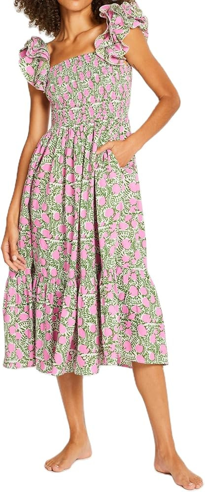 Women Summer Floral Smocked Midi Dress Ruffle Tiered Cap Sleeve Long Dress Flowy Swing A Line Bea... | Amazon (US)