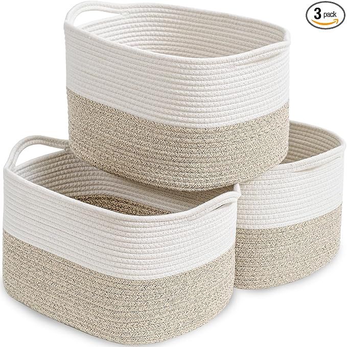 Perber 3 Pack Woven Storage Baskets for Organizing, Cotton Rope Basket With Handles, Rectangle To... | Amazon (US)