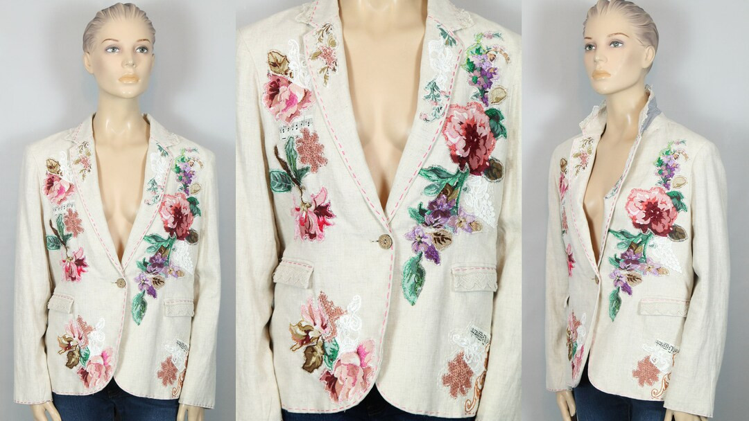 Reworked UpCycled Hand Made Beige Wool Art To Wear Vintage Linen Applique Embellished Hand Embroi... | Etsy (US)