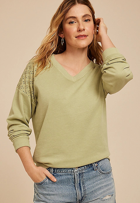 Eyelet Shoulder Relaxed Fit Sweatshirt | Maurices
