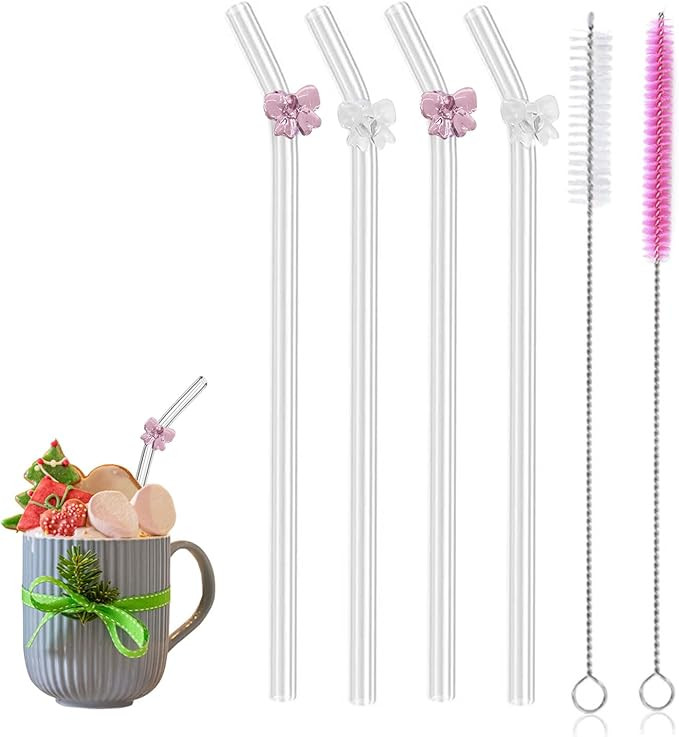 Ribbon Reusable Glass Straws with Charms, Cute Bow Shaped Charm Glass Straw with Cleaning Brush f... | Amazon (US)