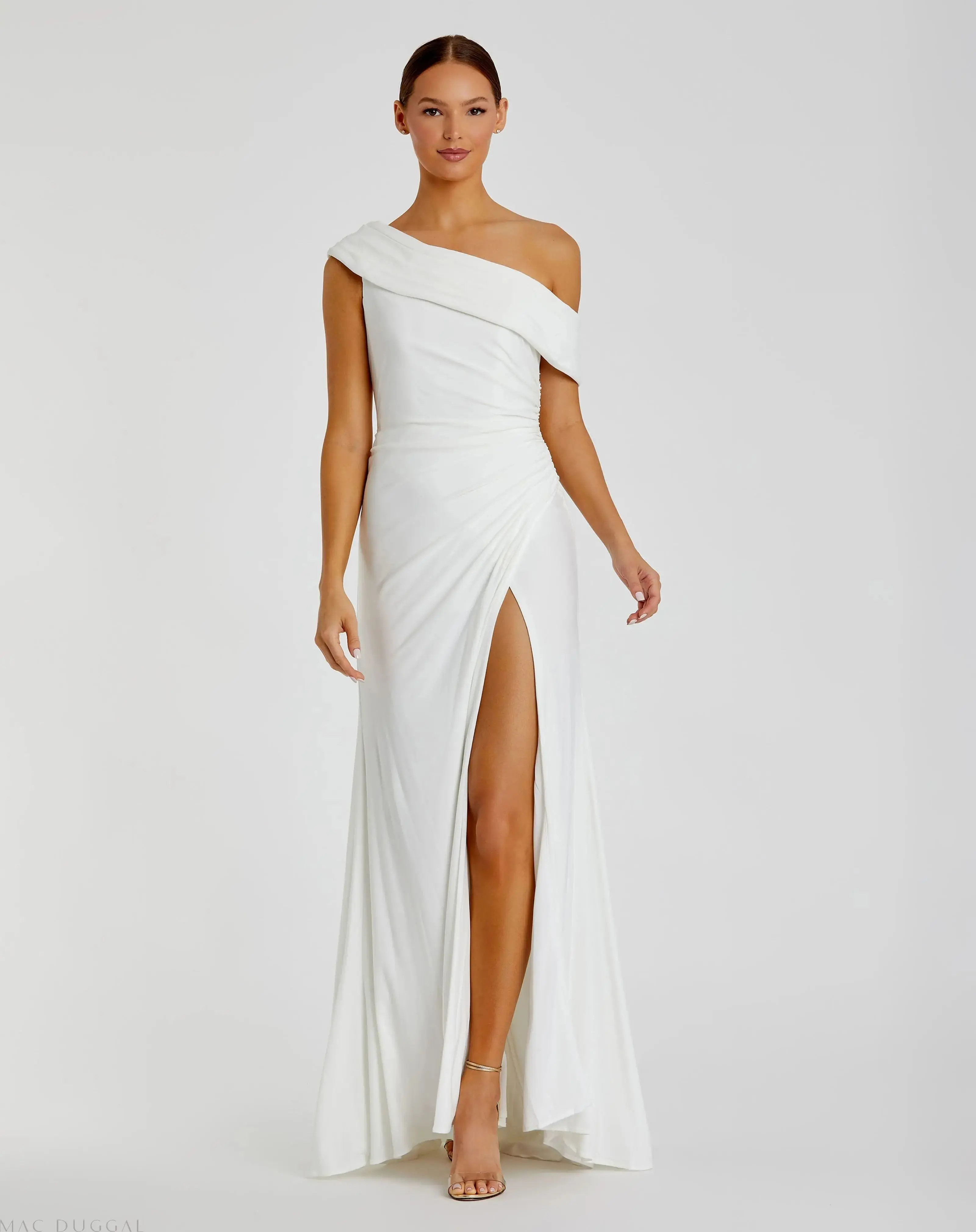 White Foldover Off-the-Shoulder Slit Gown - Mac Duggal | Mac Duggal