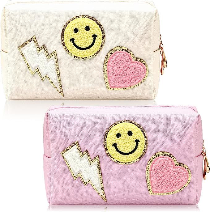 2 Pieces Preppy Patch Small Cosmetic Bag Smile Lightning Heart Preppy Makeup Bag Pu Leather Porta... | Amazon (US)