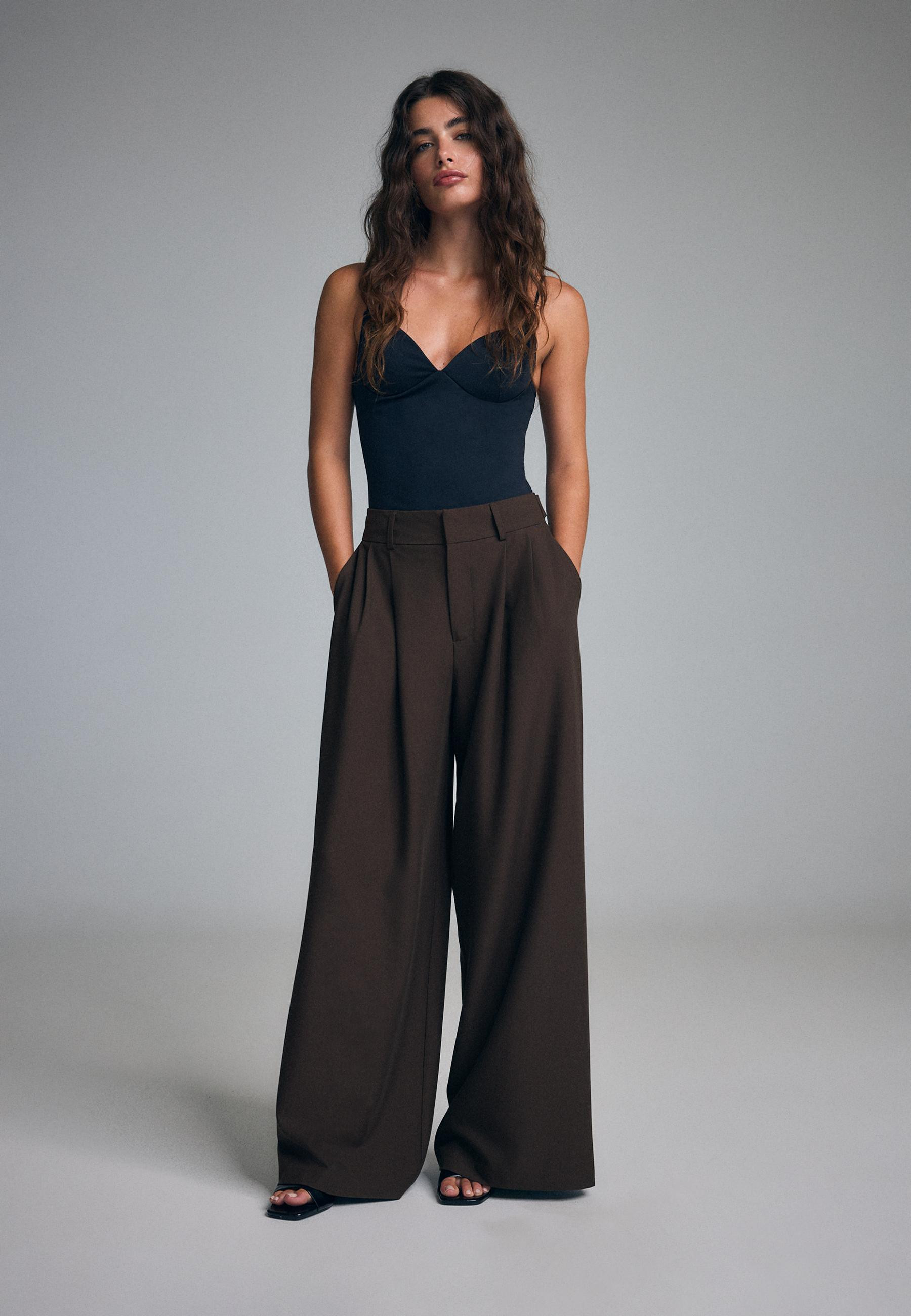Stradivarius Pantalon habillé wide leg à taille ajustable  Noir 42 | Stradivarius (FR)