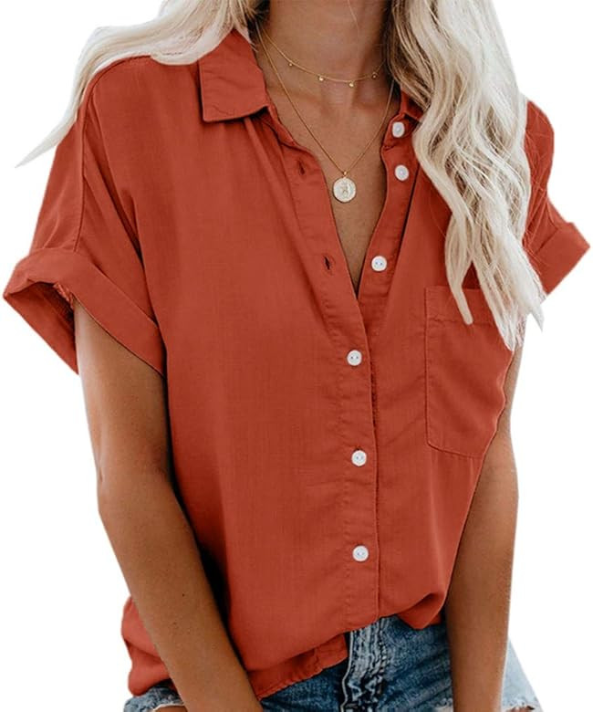 Womens Button Down Shirts Pocket Cap Sleeve Summer Blouse Military Utility Tops | Amazon (US)