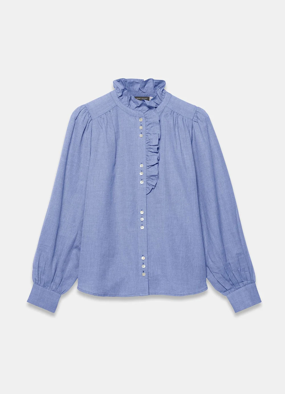 Blue Cotton Chambray Ruffle Blouse | Mint Velvet