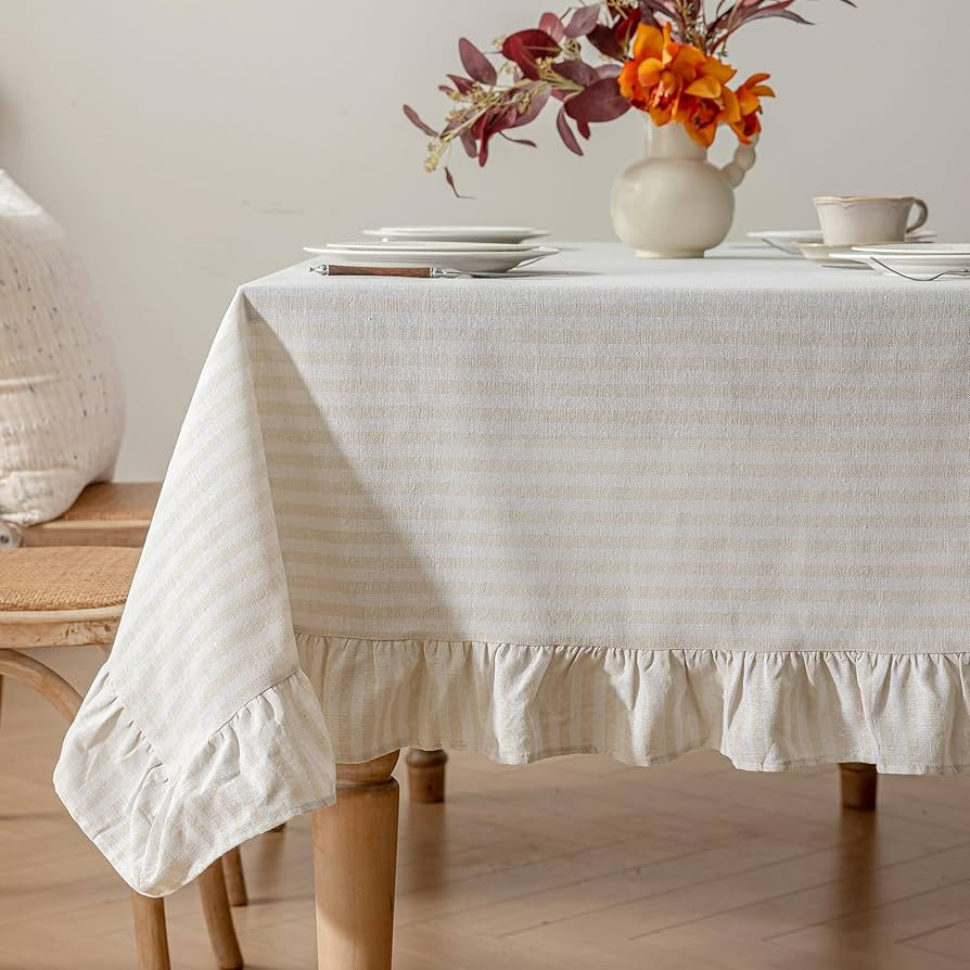Striped Cotton Tablecloth 60" × 84" Ruffled Table Cloth Washable Rectangular Fabric Table Cover ... | Amazon (US)