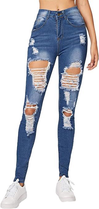 Milumia Women's Mid Waist Skinny Ripped Casual Denim Jeans Pants | Amazon (US)