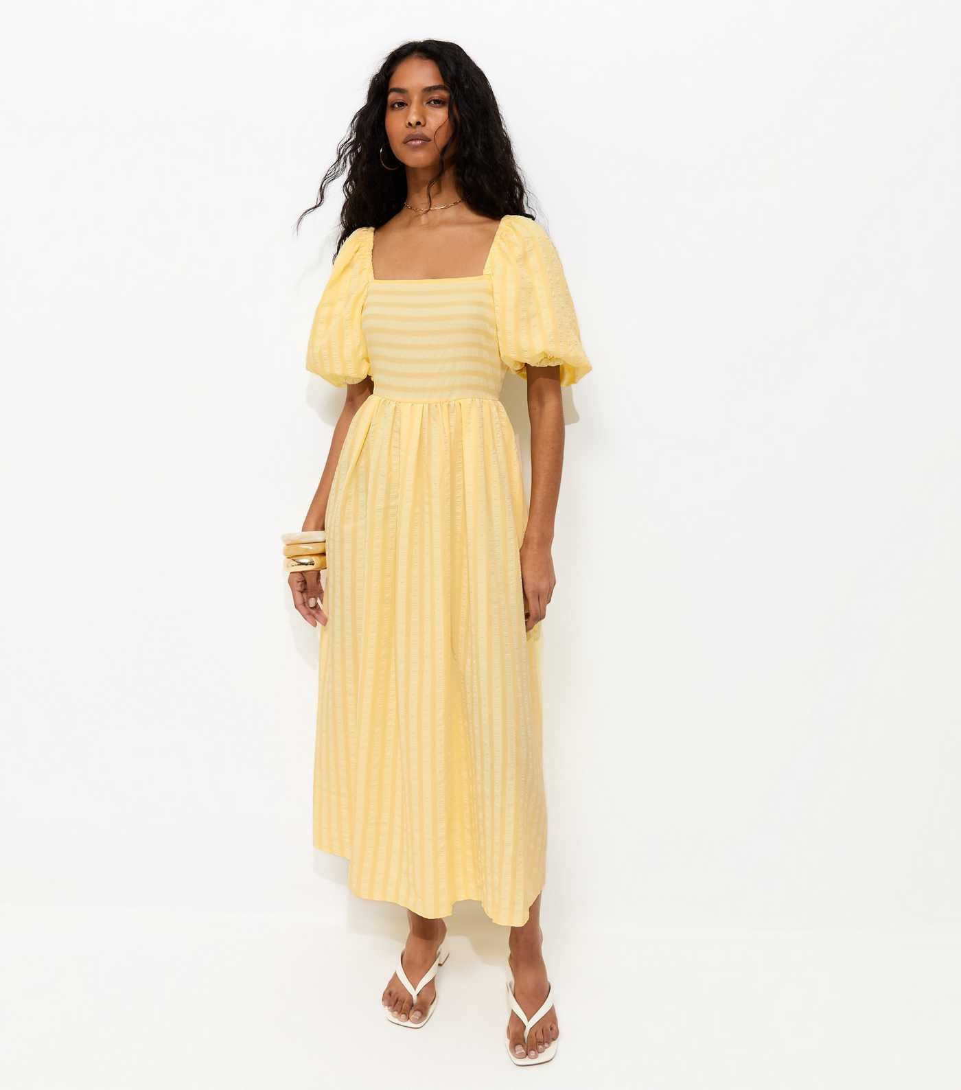 Light Yellow Puff Sleeve Striped Midi Dress | New Look | New Look (UK)