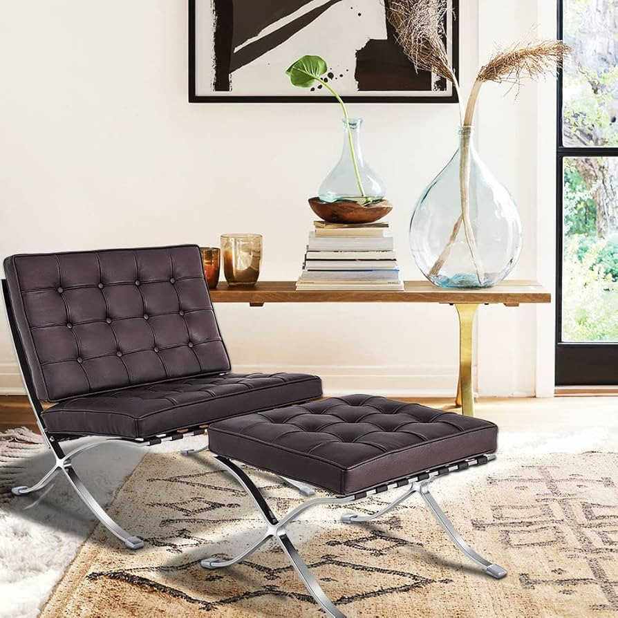 Foldable Lounge Chair with Ottoman, Mid-Century Genuine Leather Accent Chair with Footrest, Uphol... | Amazon (US)