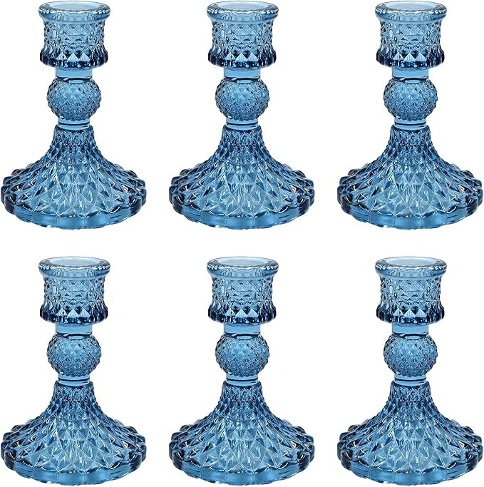 Glass Candlestick Holders Set of 6, Blue Crystal Taper Candle Holders for Table Centerpiece, Home... | Amazon (US)