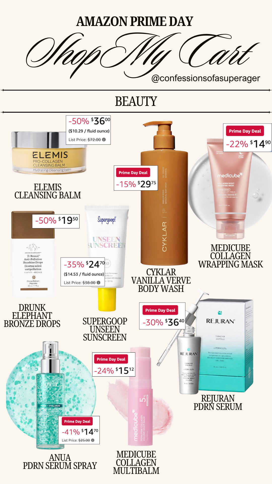 Amazon Prime Day is the perfect time to stock up on beauty favorites and save BIG! ✨ From viral K-beauty skincare and collagen treatments to luxury cleansers, body care, SPF, and glow-boosting essentials, these are the top Amazon Prime Day beauty deals in my cart. If you're looking for anti-aging skincare, glass skin must-haves, collagen products, or beauty editor-approved finds, now is the time to shop before prices go back up. Tap to shop my favorites and save this post for your Prime Day haul! 💕 #AmazonPrimeDay #PrimeDayDeals #AmazonFinds #BeautyDeals #SkincareDeals #KBeauty #AntiAgingSkincare #CollagenSkincare #GlassSkin #Medicube #Elemis #Supergoop #DrunkElephant #SkincareRoutine #BeautyFavorites #PrimeDayBeauty #BeautyFinds #Over50Beauty #AgelessBeauty #LTKFinds #ConfessionsOfASuperAger

#LTKBeauty #LTKSaleAlert #LTKOver40 #LTKSaleAlert #LTKBeauty