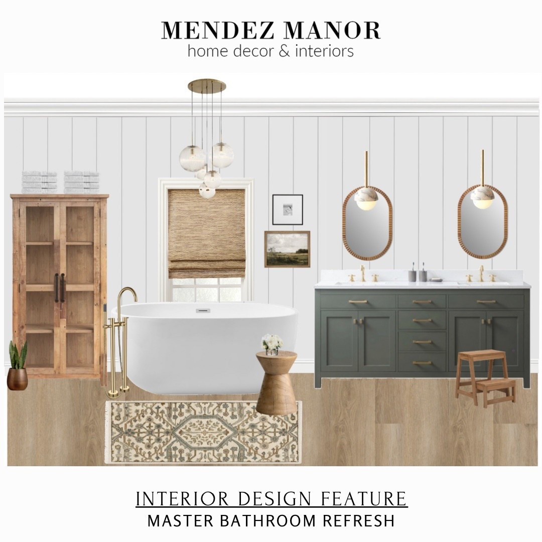 ✨ Just wrapped a master bathroom refresh for a virtual design client! The challenge? Creating a timeless update _without_ changing the layout or doing a full remodel.

Our design plan includes:
✔️ A stand-alone vanity
✔️ Statement mirrors + updated lighting
✔️ An eye-catching pendant over the tub
✔️ A natural wood curio cabinet for towel storage
✔️ Cozy runner + fresh hardware updates

Want to explore and shop the full design? Head to the link in my bio and click on the “Projects” tab. Stay tuned to my stories to watch the design come to life!

And if you’re dreaming of a refresh in your own home, I offer FREE 30-minute virtual design consults.

It’s a no-pressure way to get expert advice and ideas for your space.

Book your spot via link in bio using the “Book A Call” button.

#LTKHome #LTKStyleTip #LTKSaleAlert
