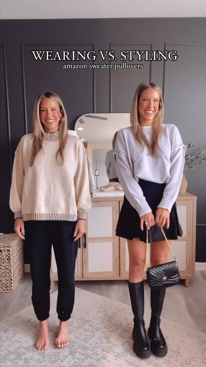 comment THANKSGIVING and i’ll send ya the 🔗 to these adorable pullover sweaters! I love the stripe detailing on the cuffs and neck! Wear it relaxed or dress it up for an edgy appeal. Wearing a Medium in both. Both run TTS. 

Women’s Pullover Sweater, Casual, Long Sleeve, Crew Neck, Contrast Color Sweaters, 2024 Fall Tops, sweaters, turtlenecks, turtleneck sweaters, sweaters, amazon tops