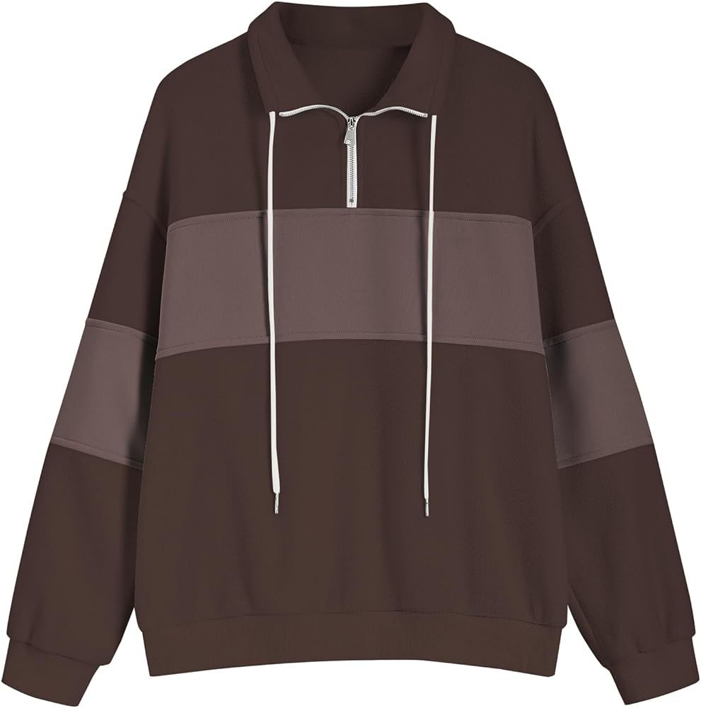 ZAFUL Women's Quarter Zip Fleece Color Block Sweatshirt Casual Zip Up Drawstring Fuzzy Loose Pull... | Amazon (US)
