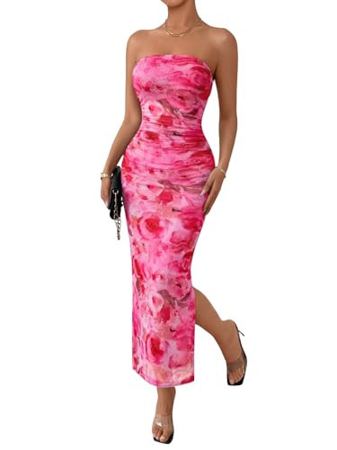 Trendy Queen Pink Floral Bodycon Dress Tropical Flower Womens Maxi Cocktail Dresses Summer Beach Vacation Outfits 2026 Cute Wedding Guest Strapless Tube Tops Clothes Print Pink M | Amazon (US)