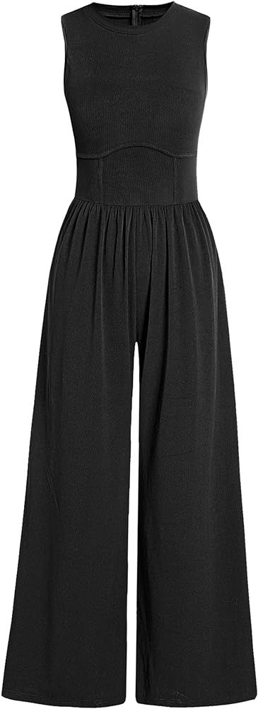 ANRABESS Women Dressy Jumpsuits 2024 Casual Summer Sleeveless High Neck Rib Tank Top Wide Leg Pan... | Amazon (US)
