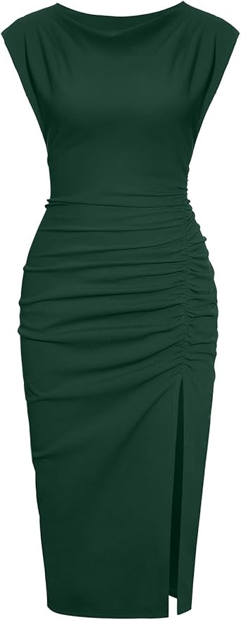 IHOT 2025 Women's Mock Neck Side Slit Ruched Bodycon Cocktail Party Wedding Guest Midi Dress | Amazon (US)