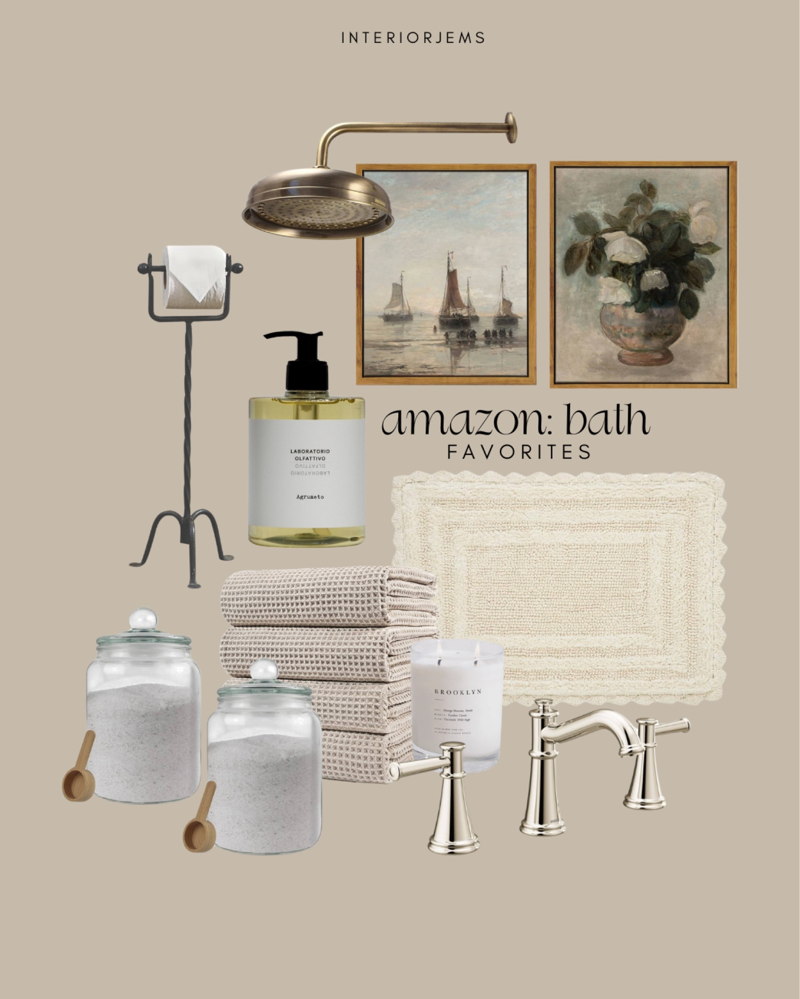 Amazon bath must have become a scalloped bathmat, framed, and ready art, the art is all under one length they have different styles. Bath canisters, love this floor, toilet paper holder, hand soap. This is also from McGee and Co.

#LTKHome #LTKStyleTip #LTKSaleAlert
