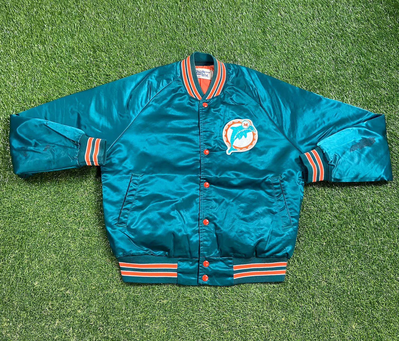 Vintage Miami Dolphins Satin Snap Jacket Bomber Chalk Line Made USA Size Medium Varsity Silk Lett... | Etsy (US)